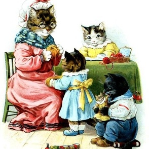vintage kids kitsch cats kittens mothers children brothers sisters knitting wool dolls trains playing studying reading books family traditional bond