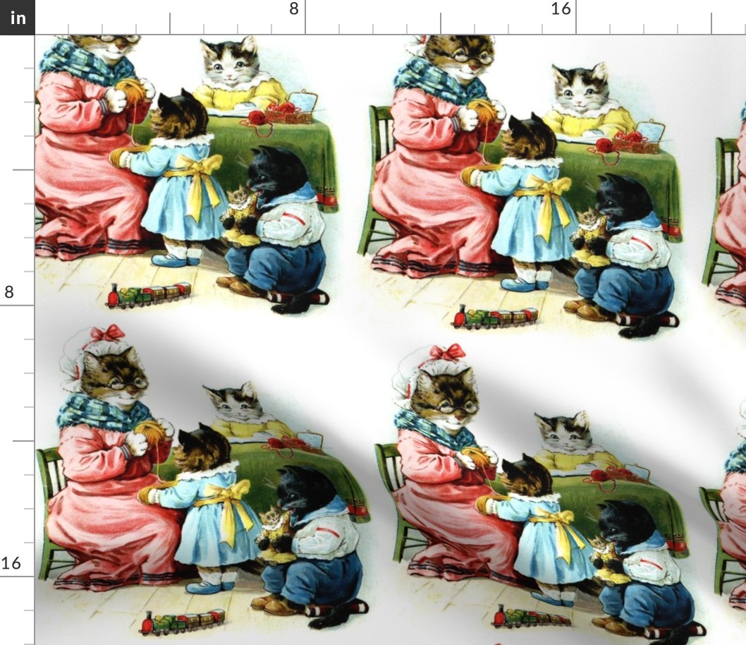 vintage kids kitsch cats kittens mothers children brothers sisters knitting wool dolls trains playing studying reading books family traditional bond