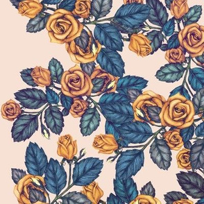 Autumn Roses Gold and Blue on Peach