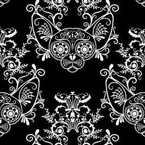 Black with White Damask Sugar Skull Sphynx Cats