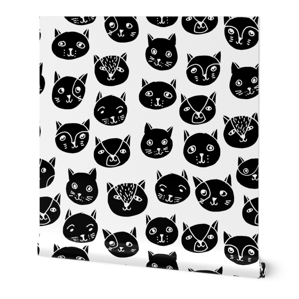 cat faces // black and white cat head fabric cat heads fabric hipster cats