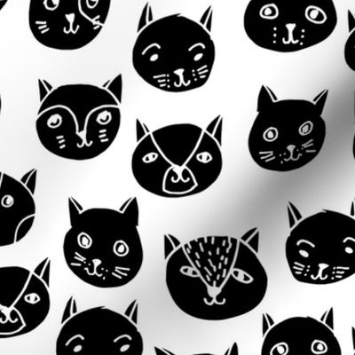 cat faces // black and white cat head fabric cat heads fabric hipster cats