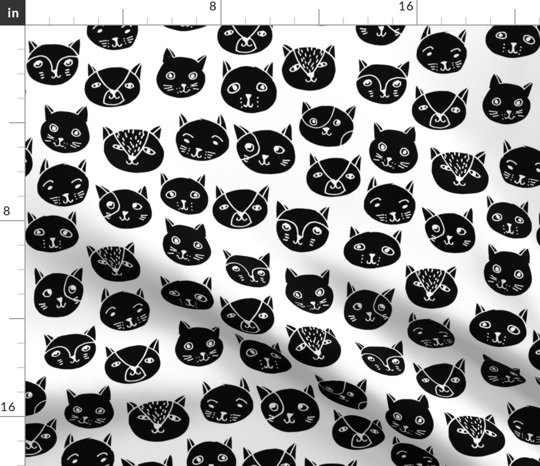 cat faces // black and white cat head fabric cat heads fabric hipster cats