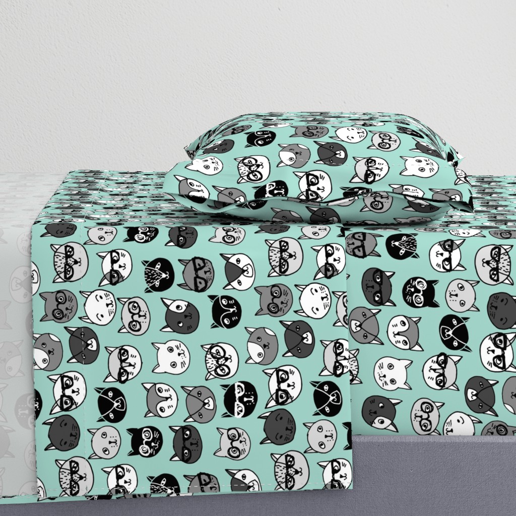 cat faces // mint cat head cats faces cats head hipster cats cute  pet cat fabric