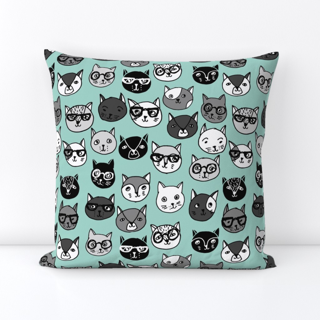 cat faces // mint cat head cats faces cats head hipster cats cute  pet cat fabric