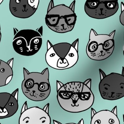 cat faces // mint cat head cats faces cats head hipster cats cute  pet cat fabric