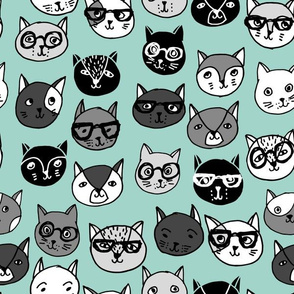 cat faces // mint cat head cats faces cats head hipster cats cute  pet cat fabric