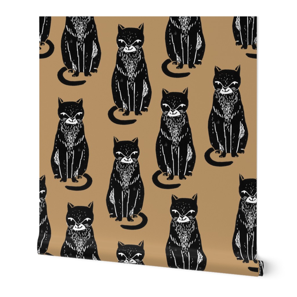 cat // cat fabric halloween cat block print linocut