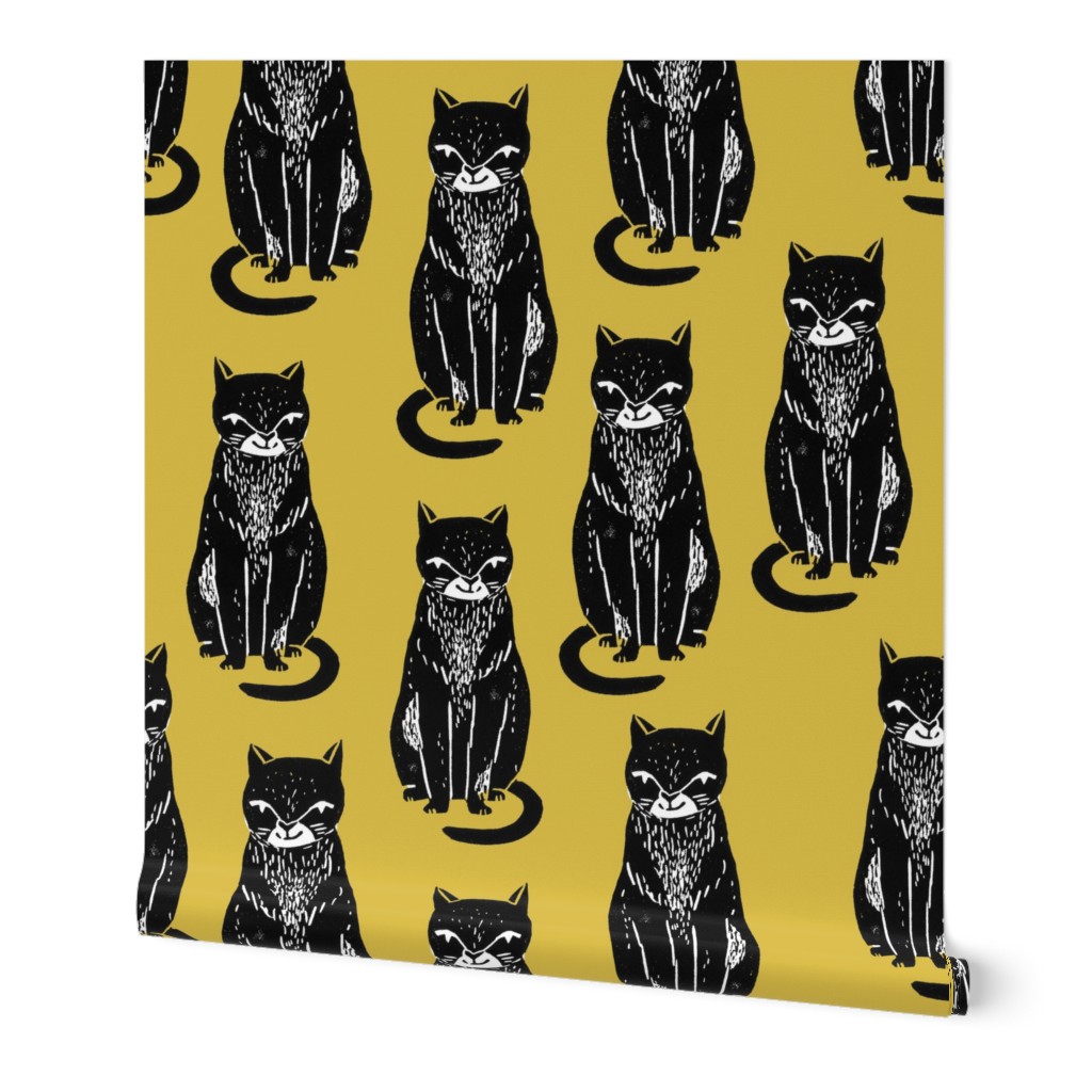 black cat // yellow and black cats cat fabric halloween fabric