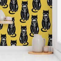 black cat // yellow and black cats cat fabric halloween fabric