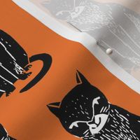 black cat // orange halloween cat stamp linocut cute kitty