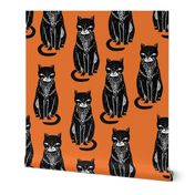 black cat // orange halloween cat stamp linocut cute kitty