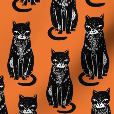 black cat // orange halloween cat stamp linocut cute kitty