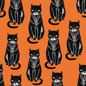 black cat // orange halloween cat stamp linocut cute kitty