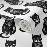 black cat // linocut block print stamp cat kitten cute black and white halloween cat fabric