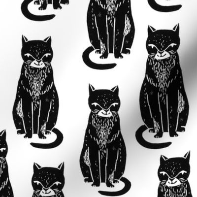black cat // linocut block print stamp cat kitten cute black and white halloween cat fabric