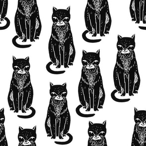 black cat // linocut block print stamp cat kitten cute black and white halloween cat fabric