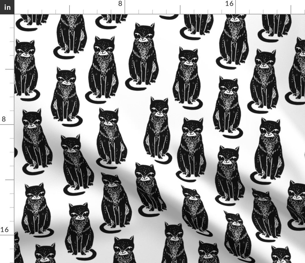 black cat // linocut block print stamp cat kitten cute black and white halloween cat fabric