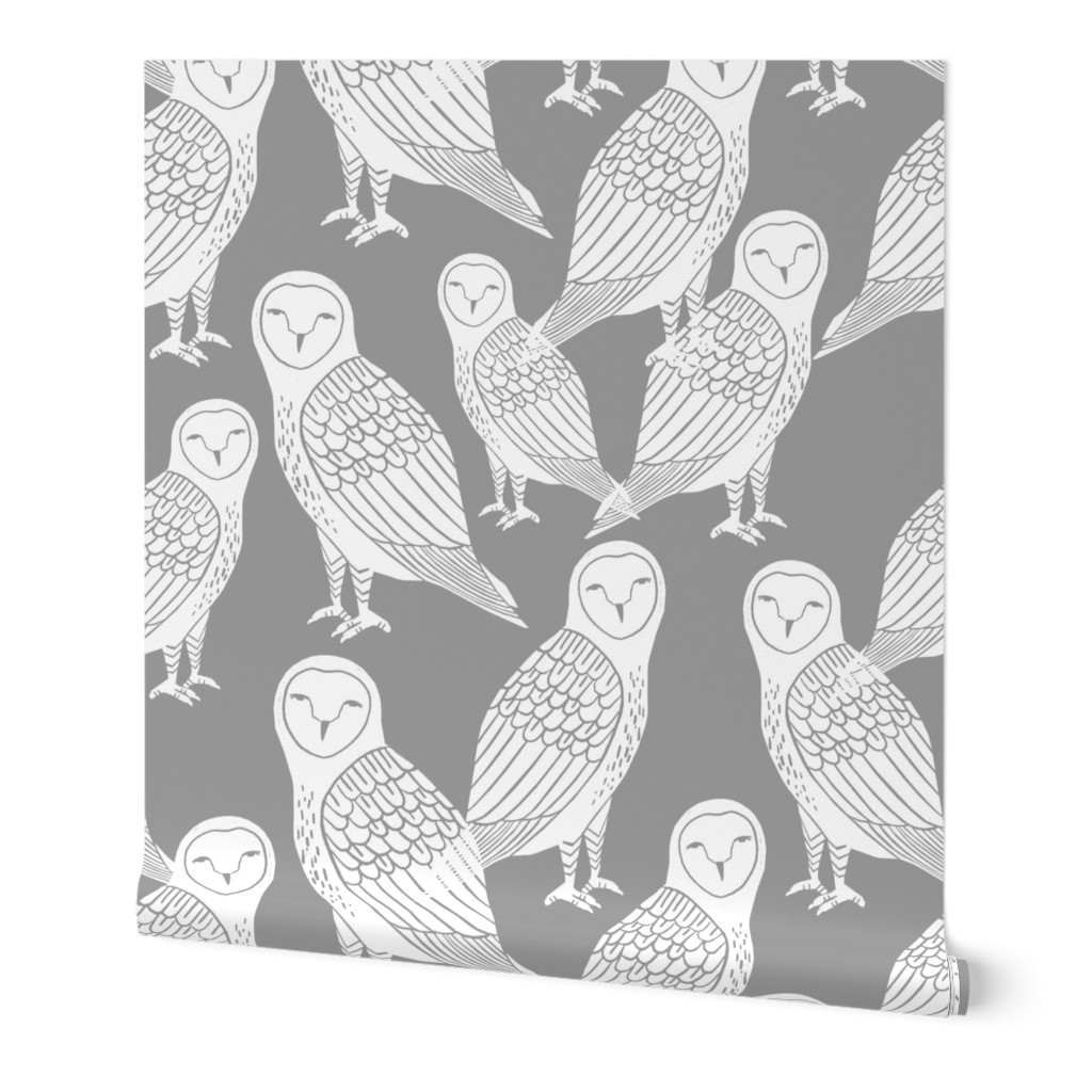 owls // grey block printed hand-carved bird owls owl illustration by Andrea Lauren