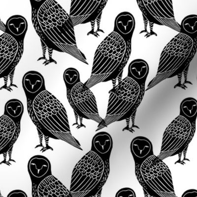 owls // block printed black and white owls bird illustration for kids nursery or halloween