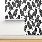 owls // block printed black and white owls bird illustration for kids nursery or halloween