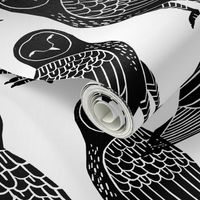 owls // block printed black and white owls bird illustration for kids nursery or halloween