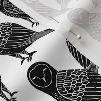 owls // block printed black and white owls bird illustration for kids nursery or halloween
