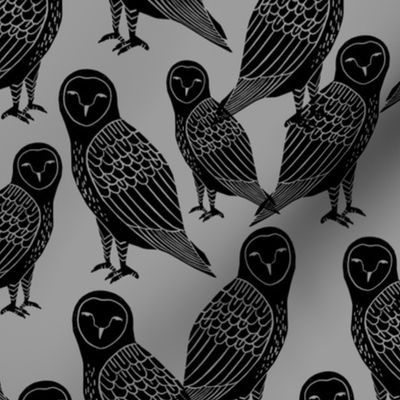 owls // black and grey halloween block printed bird design spooky creepy owls by Andrea Lauren