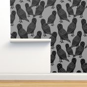 owls // black and grey halloween block printed bird design spooky creepy owls by Andrea Lauren