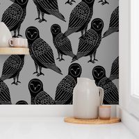 owls // black and grey halloween block printed bird design spooky creepy owls by Andrea Lauren