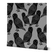 owls // black and grey halloween block printed bird design spooky creepy owls by Andrea Lauren