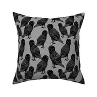 owls // black and grey halloween block printed bird design spooky creepy owls by Andrea Lauren