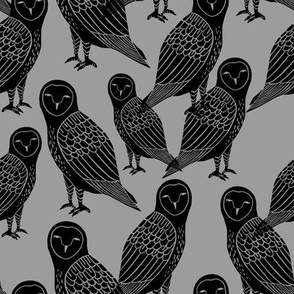 owls // black and grey halloween block printed bird design spooky creepy owls by Andrea Lauren