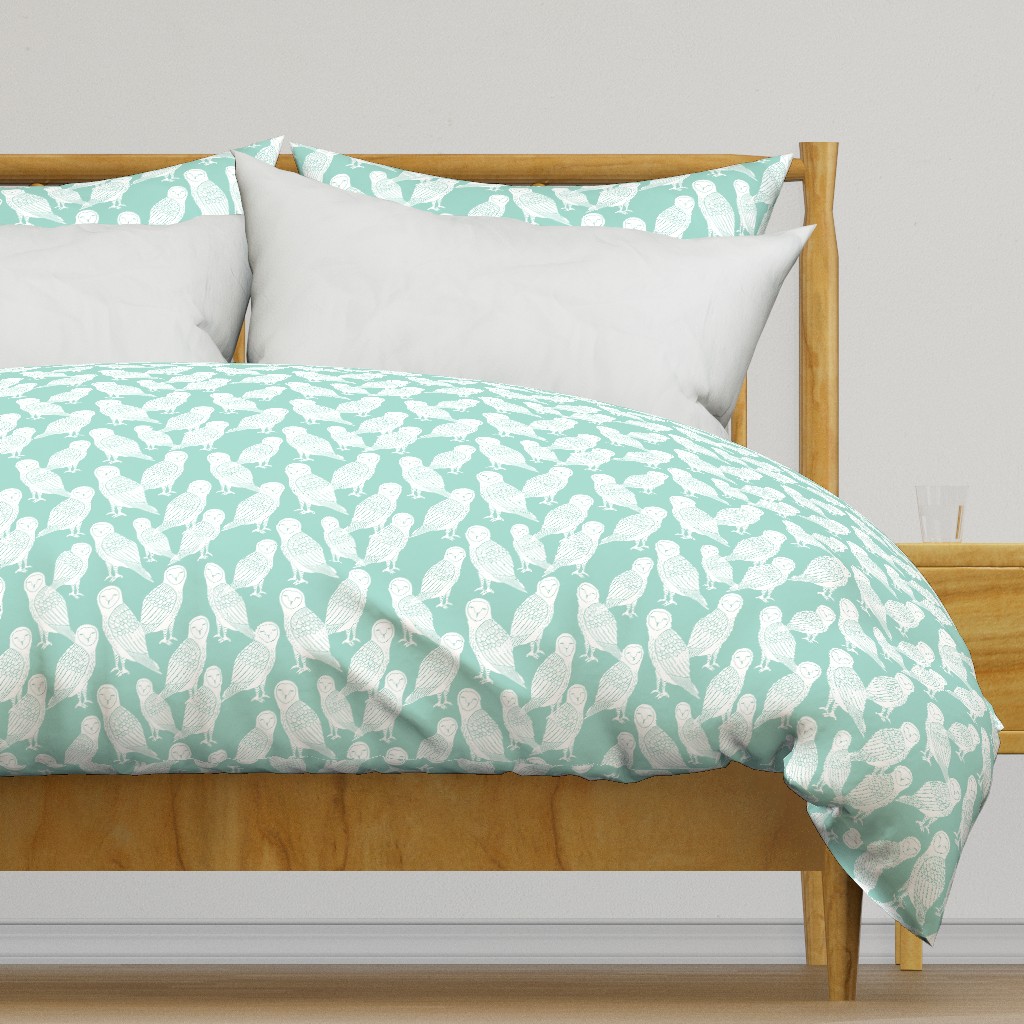 owl // mint and white block printed owls bird design by Andrea Lauren