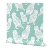 owl // mint and white block printed owls bird design by Andrea Lauren