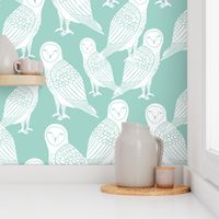 owl // mint and white block printed owls bird design by Andrea Lauren