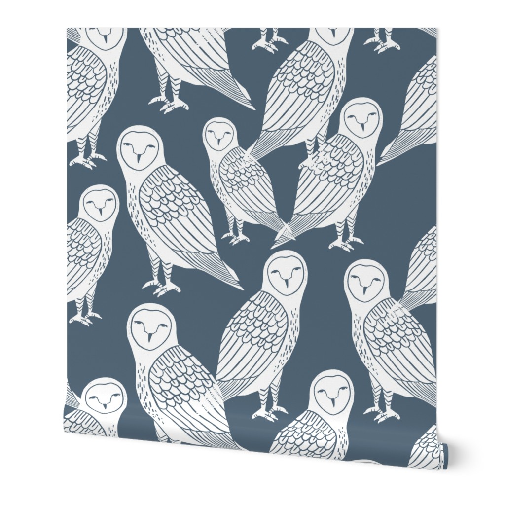 owls // paynes grey block printed bird cute owl design