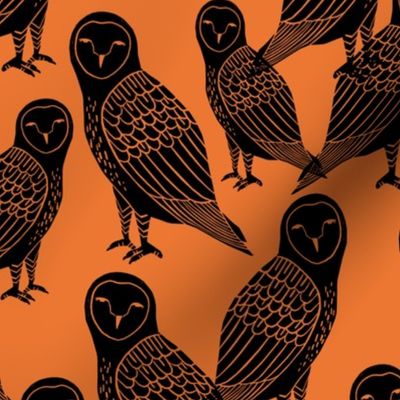 owls // black and orange halloween block printed illlustration 