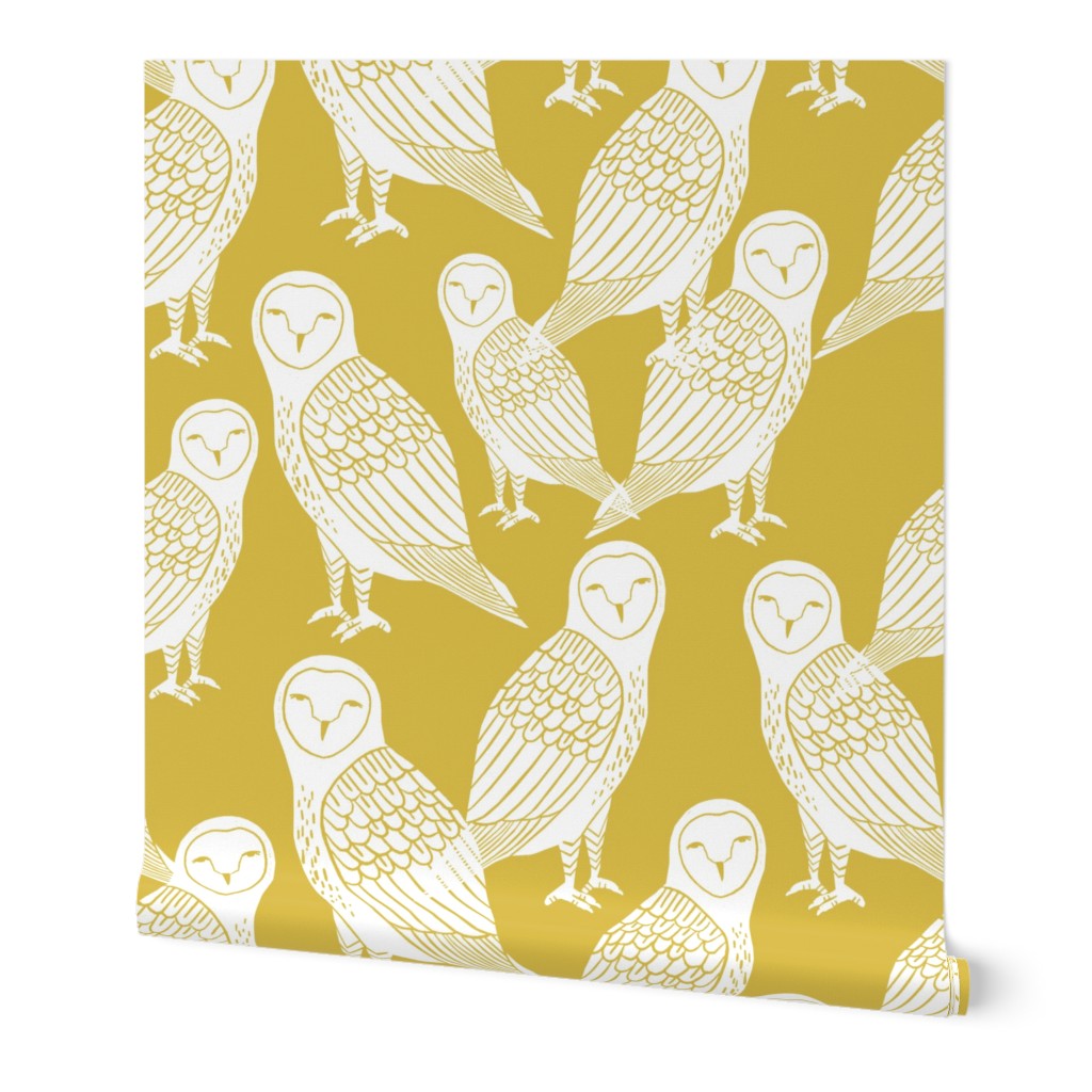 owls // block printed mustard and white hand-carved illustration by Andrea Lauren