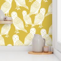 owls // block printed mustard and white hand-carved illustration by Andrea Lauren