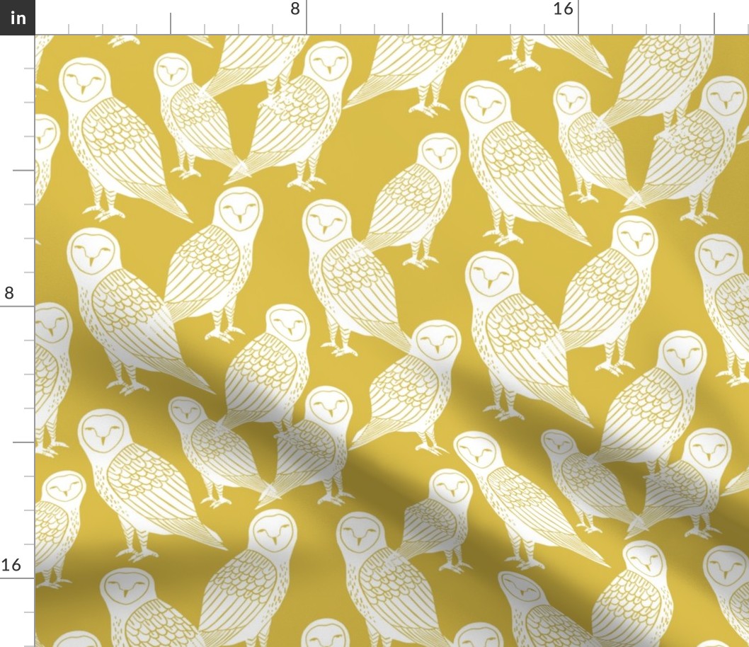 owls // block printed mustard and white hand-carved illustration by Andrea Lauren