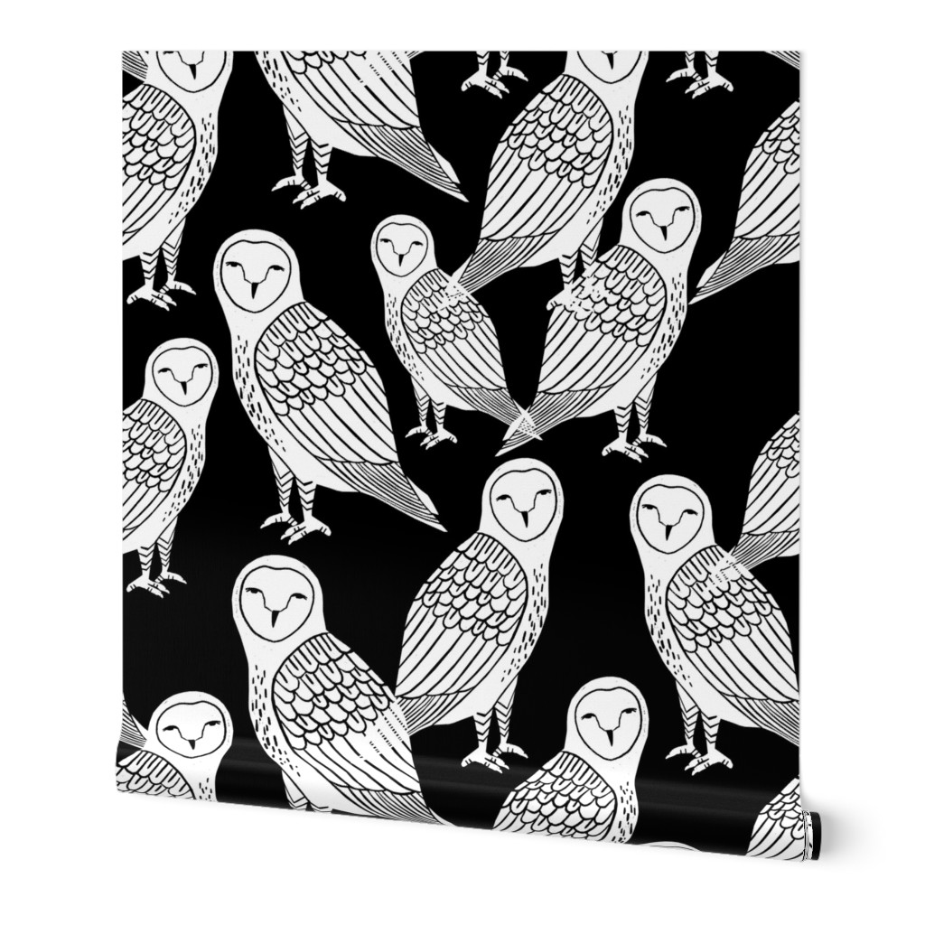 owls // block printed black and white owls hand-carved illustration by Andrea Lauren