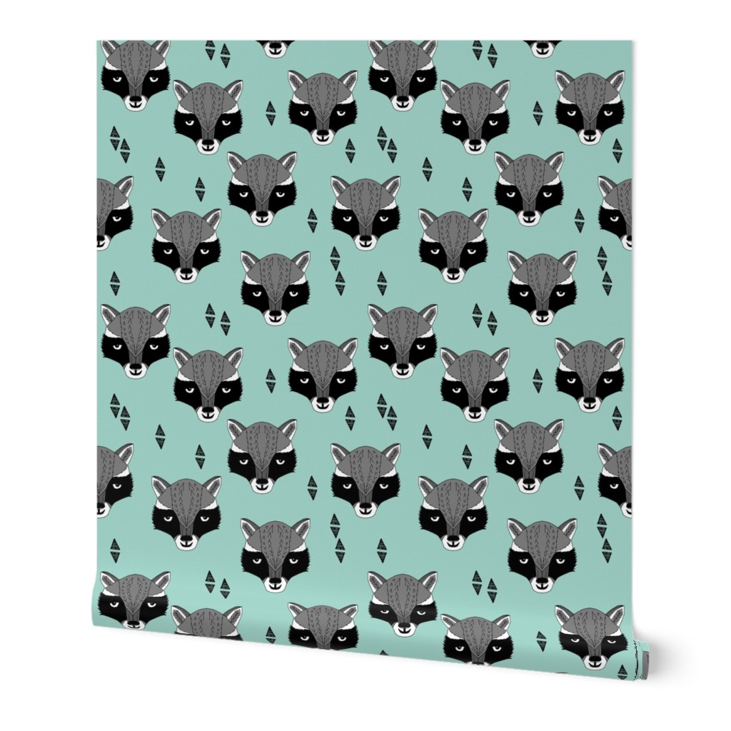 raccoon /// mint sweet raccoon face animal head hand-drawn illustration mint kids gender neutral baby nursery 