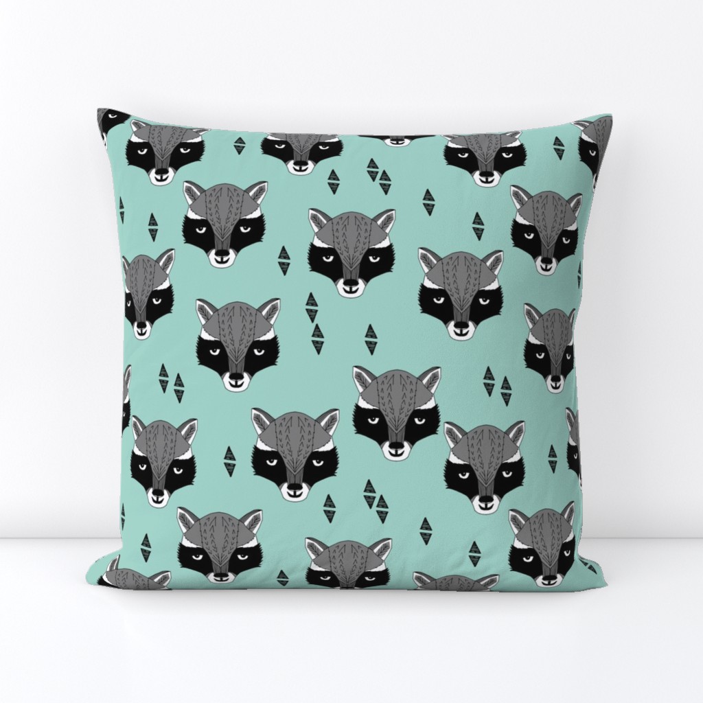 raccoon /// mint sweet raccoon face animal head hand-drawn illustration mint kids gender neutral baby nursery 