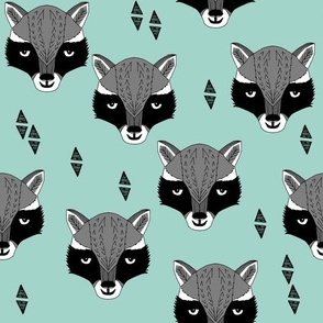 raccoon /// mint sweet raccoon face animal head hand-drawn illustration mint kids gender neutral baby nursery 