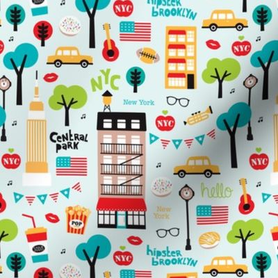 New York City colorful icons and illustration pattern of manhattan and brooklyn