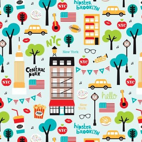 New York City colorful icons and illustration pattern of manhattan and brooklyn