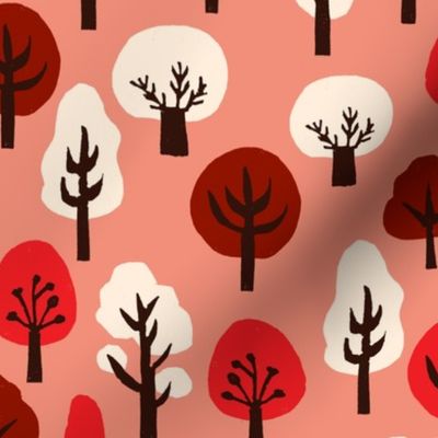 trees // pink and red kawaii tree fabric andrea lauren design linocut block print fabric design
