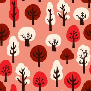 trees // pink and red kawaii tree fabric andrea lauren design linocut block print fabric design