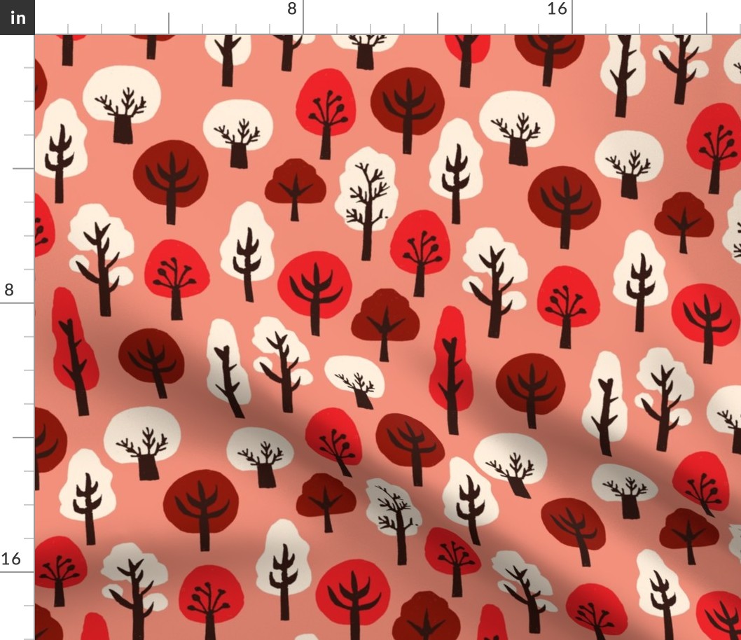 trees // pink and red kawaii tree fabric andrea lauren design linocut block print fabric design